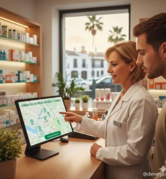Farmacéutica mostrando a un paciente un mapa interactivo con la ubicación de las farmacias en Nerja sobre el mostrador de una botica.
